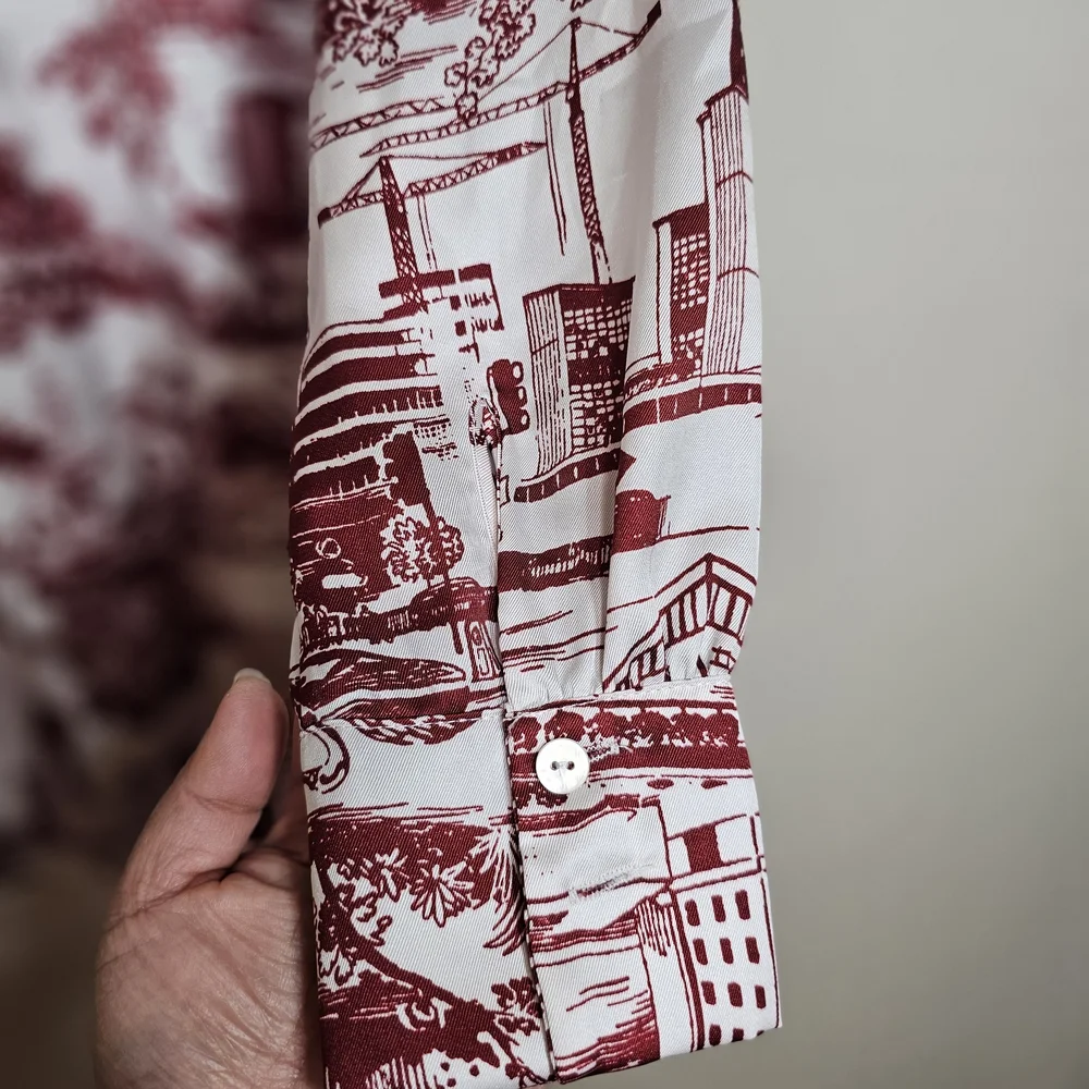 Zara Women’s White Red Toile Scenic Print Button-Down Blouse Size M Chic Classic - Picture 6 of 11